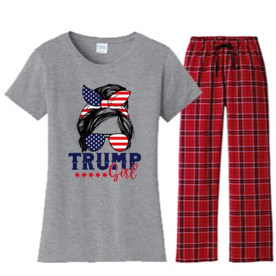 Trump Girl Messy Bun Trump 2024 Election American Flag Women's Flannel Pajama Set