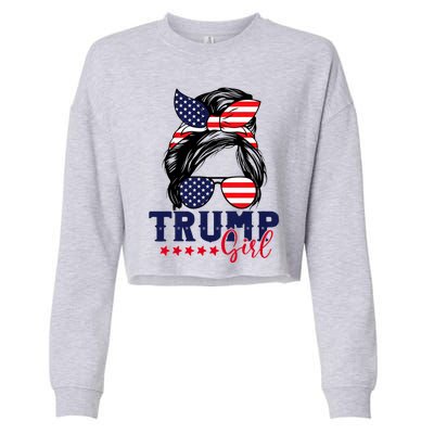 Trump Girl Messy Bun Trump 2024 Election American Flag Cropped Pullover Crew