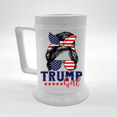 Trump Girl Messy Bun Trump 2024 Election American Flag Beer Stein