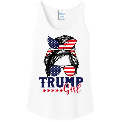 Trump Girl Messy Bun Trump 2024 Election American Flag Ladies Essential Tank