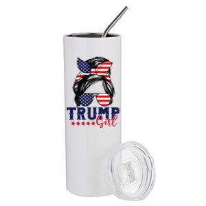 Trump Girl Messy Bun Trump 2024 Election American Flag Stainless Steel Tumbler