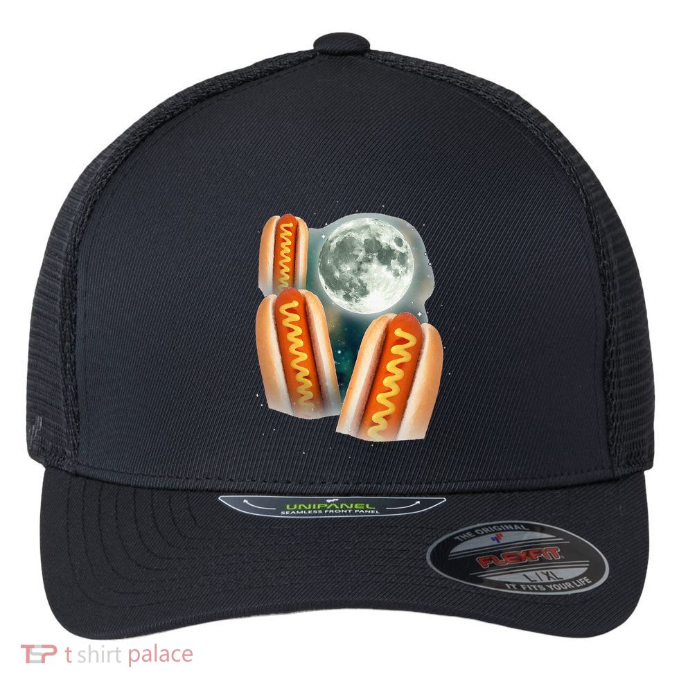 Three Glizzy Moon Funny 3 Howling Hotdogs Cursed Flexfit Unipanel Trucker Cap