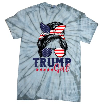 Trump Girl Messy Bun Trump 2024 Election American Flag Tie-Dye T-Shirt