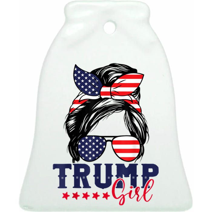 Trump Girl Messy Bun Trump 2024 Election American Flag Ceramic Bell Ornament