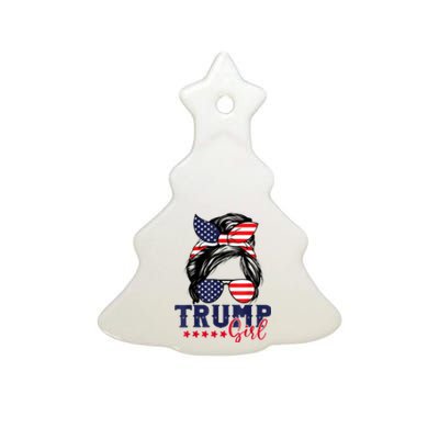 Trump Girl Messy Bun Trump 2024 Election American Flag Ceramic Tree Ornament