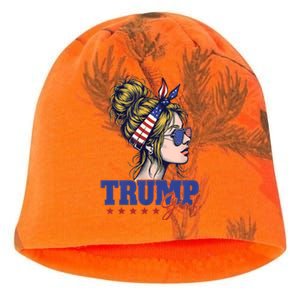 Trump Girl Messy Bun Trump 2024 Election American Flag Kati - Camo Knit Beanie