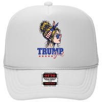 Trump Girl Messy Bun Trump 2024 Election American Flag High Crown Mesh Back Trucker Hat