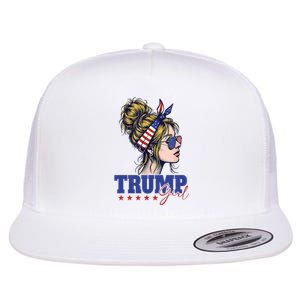 Trump Girl Messy Bun Trump 2024 Election American Flag Flat Bill Trucker Hat