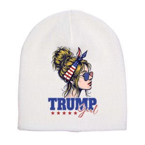 Trump Girl Messy Bun Trump 2024 Election American Flag Short Acrylic Beanie