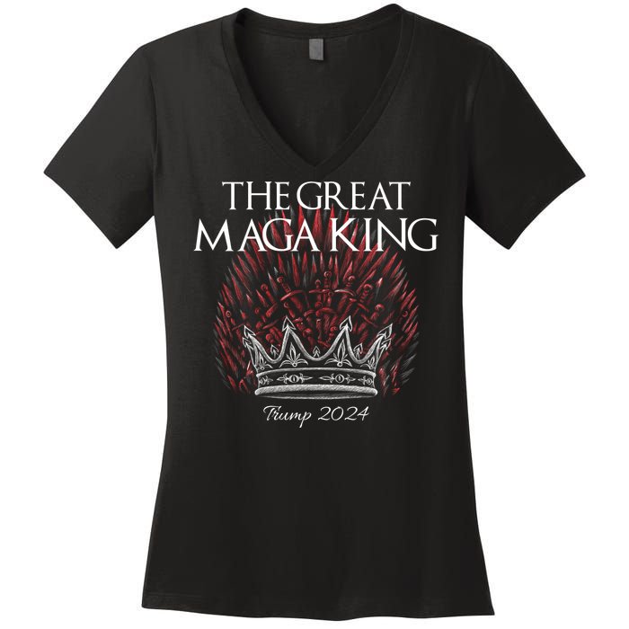 The Great MAGA King Crown USA Parody Trump 2024 Anti Biden Women's V-Neck T-Shirt