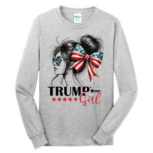 Trump Girl Messy Bun Sunglasses Usa Flag Tall Long Sleeve T-Shirt