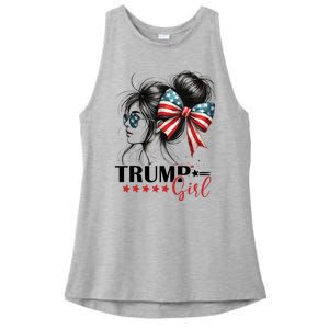 Trump Girl Messy Bun Sunglasses Usa Flag Ladies PosiCharge Tri-Blend Wicking Tank