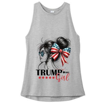 Trump Girl Messy Bun Sunglasses Usa Flag Ladies PosiCharge Tri-Blend Wicking Tank