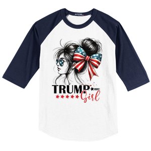 Trump Girl Messy Bun Sunglasses Usa Flag Baseball Sleeve Shirt