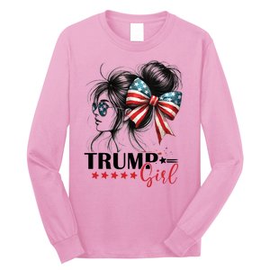 Trump Girl Messy Bun Sunglasses Usa Flag Long Sleeve Shirt