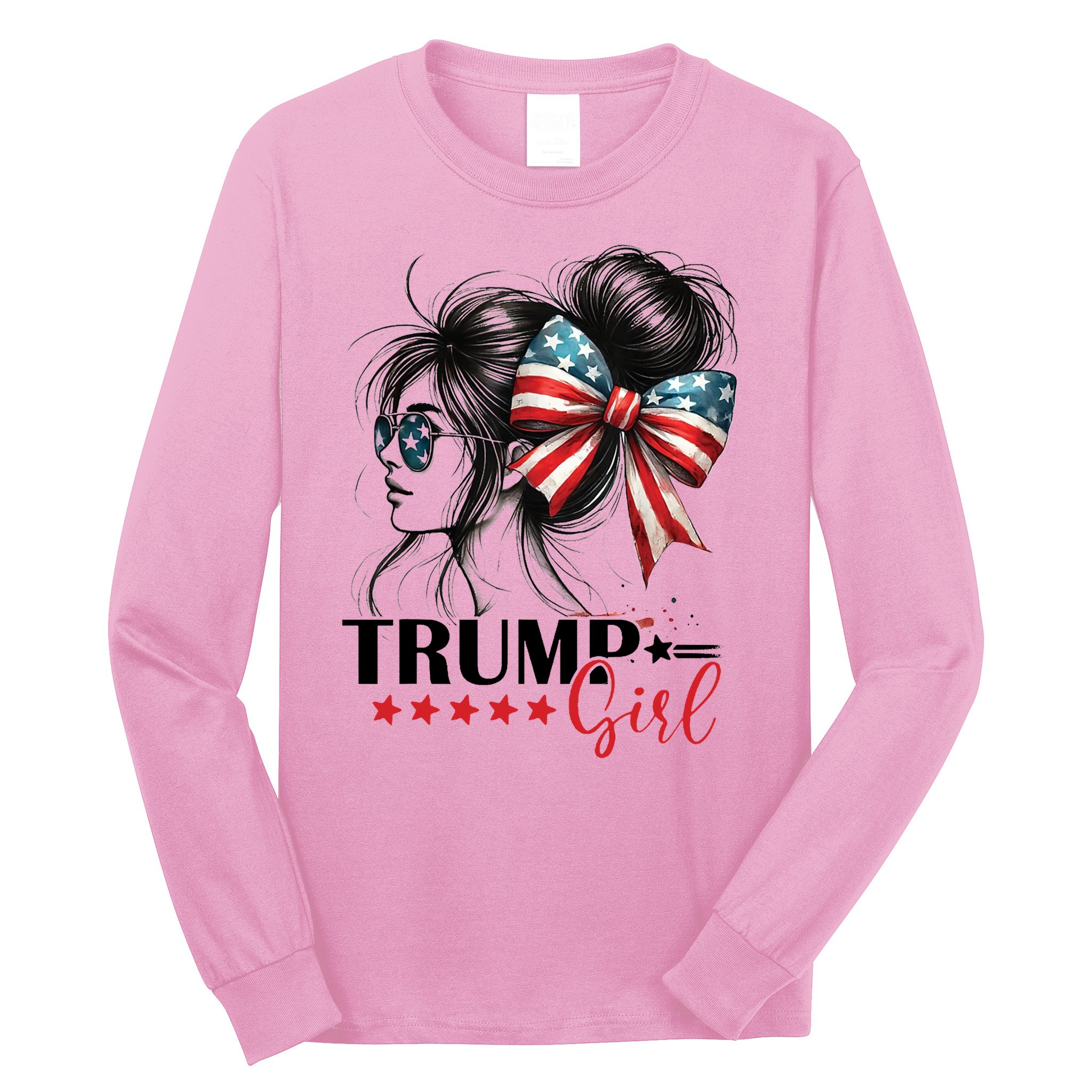 Trump Girl Messy Bun Sunglasses Usa Flag Long Sleeve Shirt