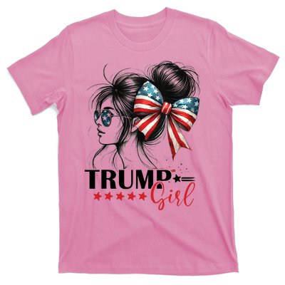 Trump Girl Messy Bun Sunglasses Usa Flag T-Shirt