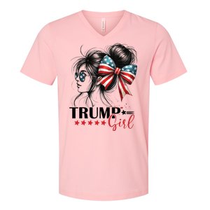 Trump Girl Messy Bun Sunglasses Usa Flag V-Neck T-Shirt