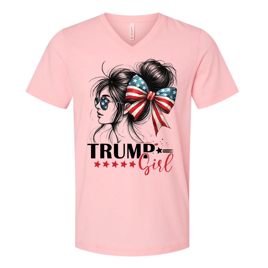 Trump Girl Messy Bun Sunglasses Usa Flag V-Neck T-Shirt