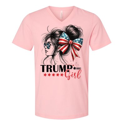 Trump Girl Messy Bun Sunglasses Usa Flag V-Neck T-Shirt