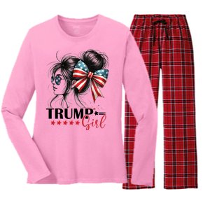 Trump Girl Messy Bun Sunglasses Usa Flag Women's Long Sleeve Flannel Pajama Set 