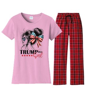 Trump Girl Messy Bun Sunglasses Usa Flag Women's Flannel Pajama Set