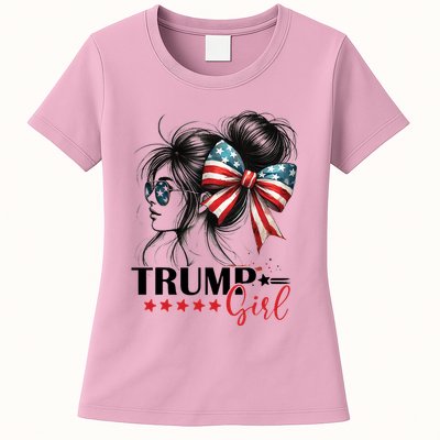 Trump Girl Messy Bun Sunglasses Usa Flag Womens T-Shirt
