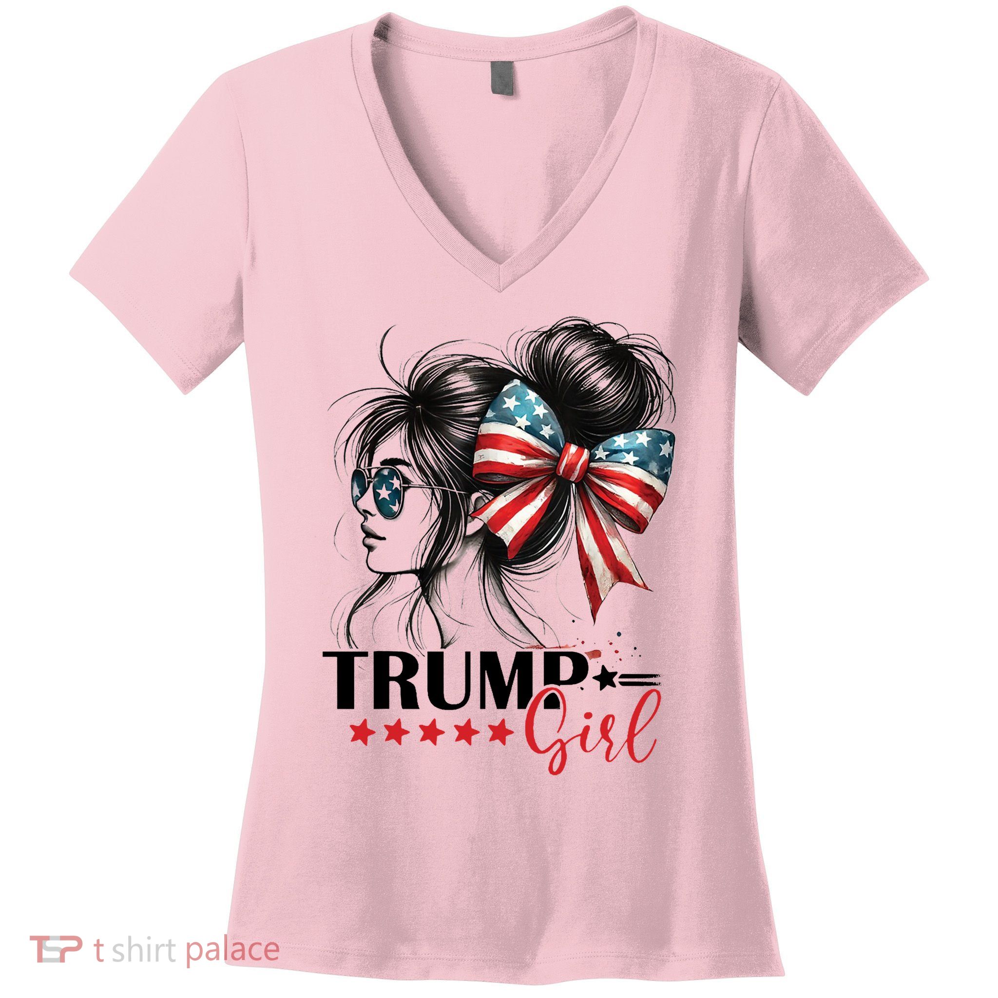 Trump Girl Messy Bun Sunglasses Usa Flag Women's V-Neck T-Shirt