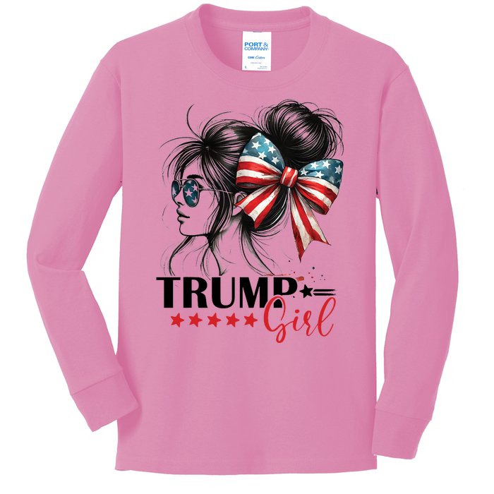 Trump Girl Messy Bun Sunglasses Usa Flag Kids Long Sleeve Shirt