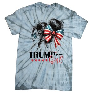 Trump Girl Messy Bun Sunglasses Usa Flag Tie-Dye T-Shirt