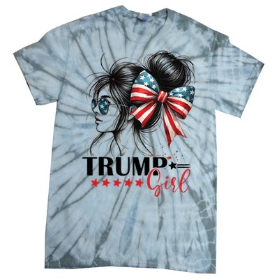 Trump Girl Messy Bun Sunglasses Usa Flag Tie-Dye T-Shirt