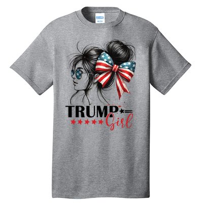 Trump Girl Messy Bun Sunglasses Usa Flag Tall T-Shirt