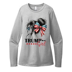 Trump Girl Messy Bun Sunglasses Usa Flag Womens CVC Long Sleeve Shirt