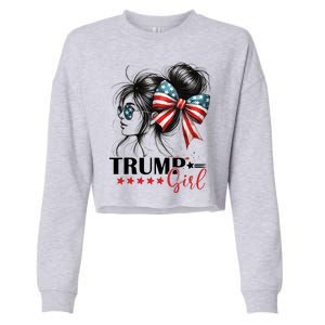 Trump Girl Messy Bun Sunglasses Usa Flag Cropped Pullover Crew