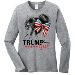 Trump Girl Messy Bun Sunglasses Usa Flag Ladies Long Sleeve Shirt