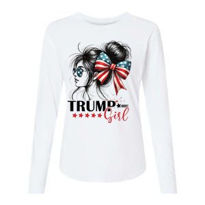 Trump Girl Messy Bun Sunglasses Usa Flag Womens Cotton Relaxed Long Sleeve T-Shirt