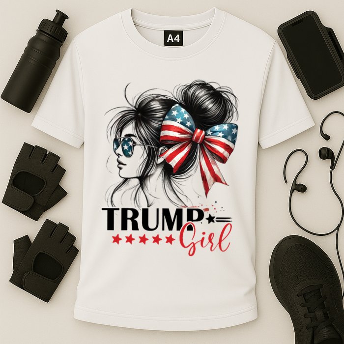 Trump Girl Messy Bun Sunglasses Usa Flag Performance Shirt