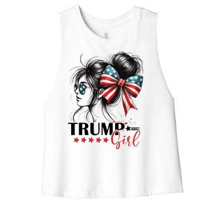 Trump Girl Messy Bun Sunglasses Usa Flag Women's Racerback Cropped Tank