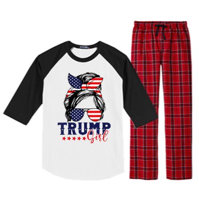 Trump Girl Messy Bun Trump 2024 Election American Flag Raglan Sleeve Pajama Set