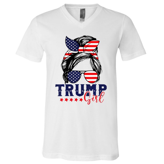 Trump Girl Messy Bun Trump 2024 Election American Flag V-Neck T-Shirt