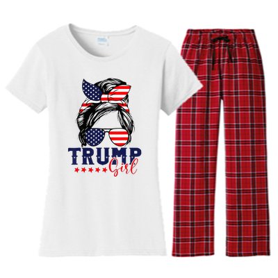 Trump Girl Messy Bun Trump 2024 Election American Flag Women's Flannel Pajama Set