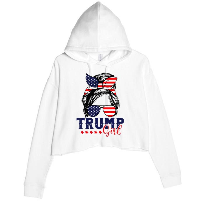 Trump Girl Messy Bun Trump 2024 Election American Flag Crop Fleece Hoodie