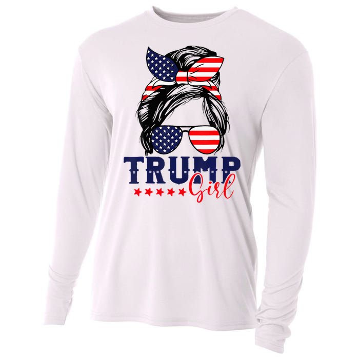 Trump Girl Messy Bun Trump 2024 Election American Flag Cooling Performance Long Sleeve Crew