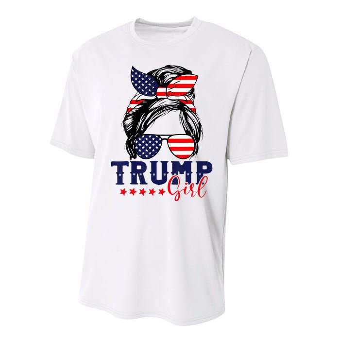 Trump Girl Messy Bun Trump 2024 Election American Flag Performance Sprint T-Shirt