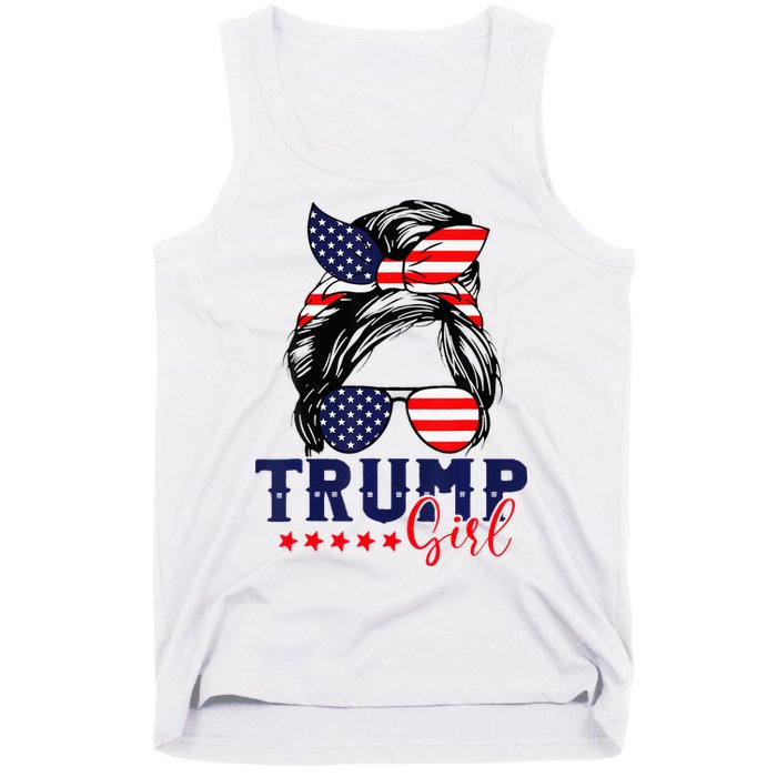 Trump Girl Messy Bun Trump 2024 Election American Flag Tank Top