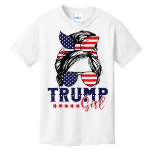 Trump Girl Messy Bun Trump 2024 Election American Flag Kids T-Shirt