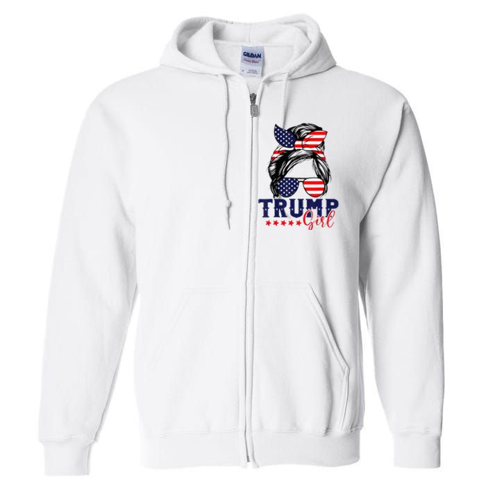 Trump Girl Messy Bun Trump 2024 Election American Flag Full Zip Hoodie