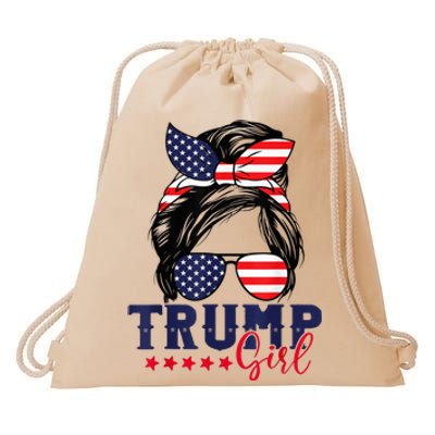 Trump Girl Messy Bun Trump 2024 Election American Flag Drawstring Bag