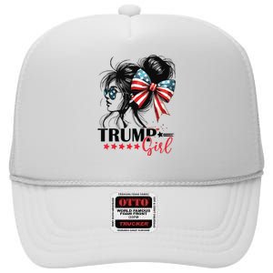 Trump Girl Messy Bun Sunglasses Trump 2024 Usa Flag High Crown Mesh Back Trucker Hat