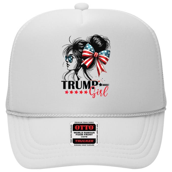 Trump Girl Messy Bun Sunglasses Trump 2024 Usa Flag High Crown Mesh Back Trucker Hat